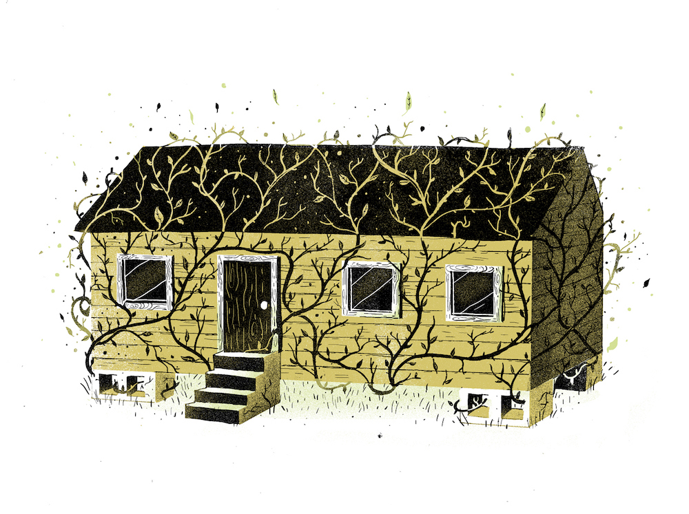 A dull yellow and gray print of a very small yellow house on cinderblocks overgrown with stylized vines, with the suggestion of green grass at the base of the house, all against a blank white field.